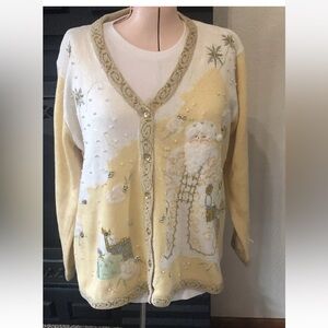 Vintage Storybook Knits Father Christmas Santa Cardigan Yellow  Sweater Size M